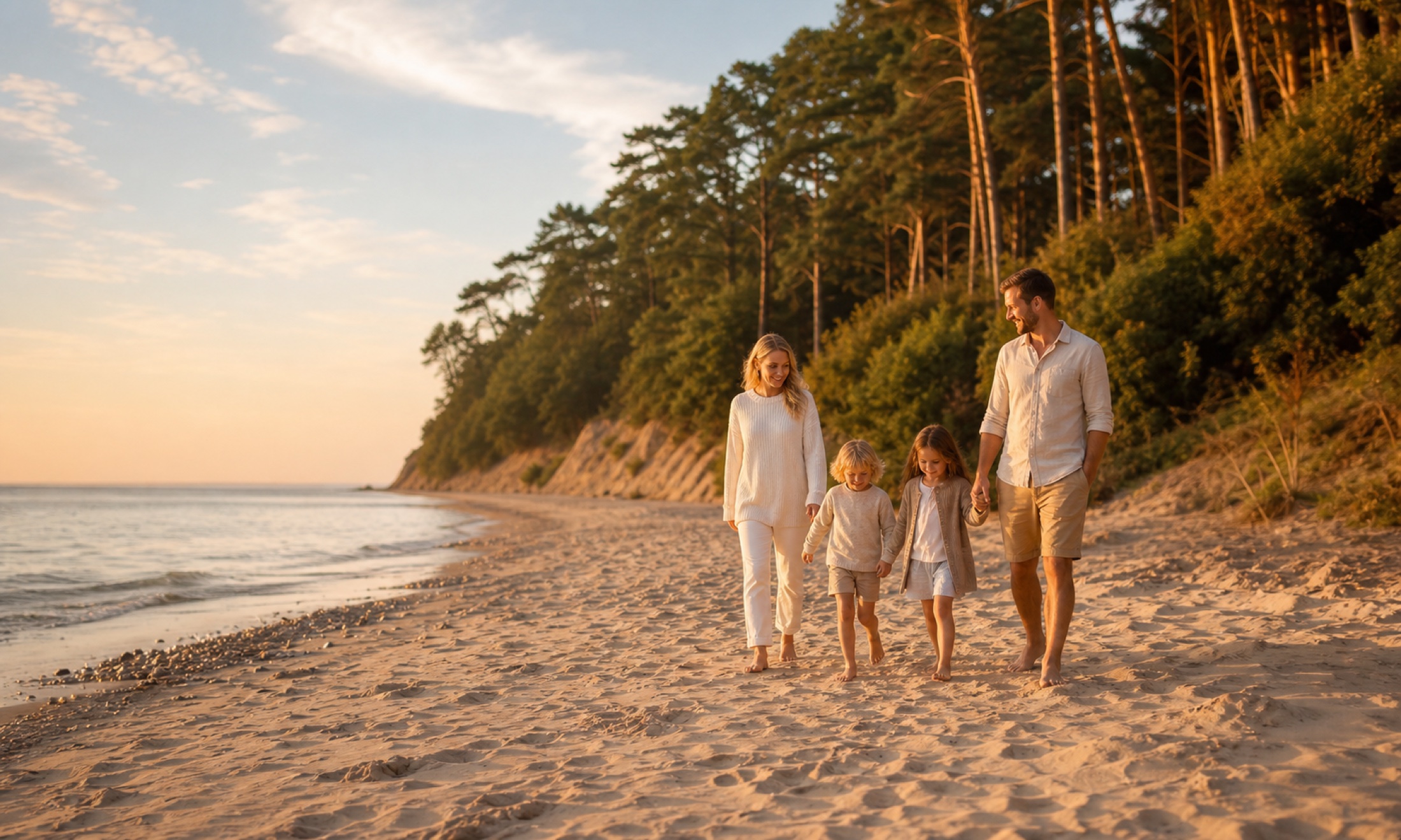 Rodzina z dziećmi spacerująca po spokojnej plaży w Poddąbiu